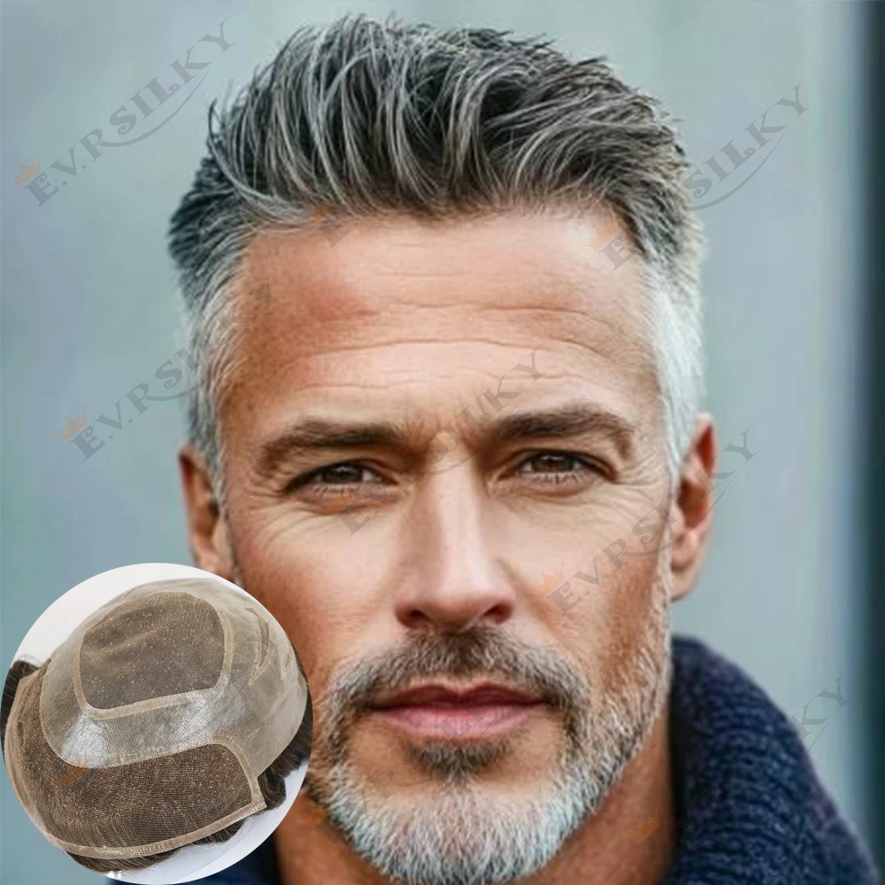 شعر بشري غير قابل للاكتشاف من الدانتيل الفرنسي المسامي من مادة البولي يوريثان الآسيوية بنسبة 100% # 340 عقدة شعر مستعار للرجال من أشقر رمادي داكن وبني داكن #1