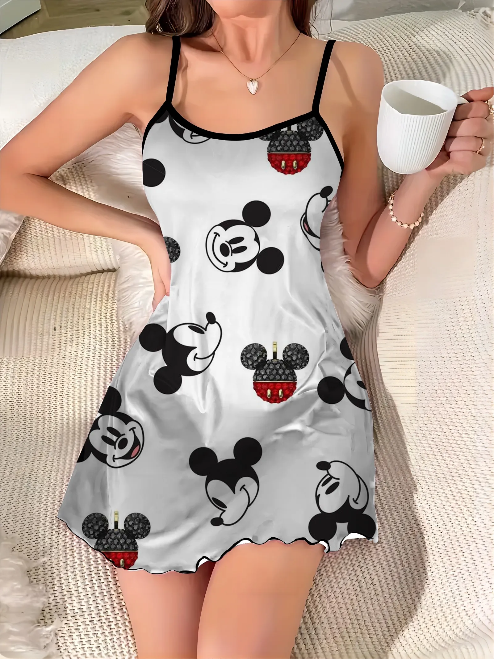 Lettuce Trim Pajama Skirt Mickey Home Dress Crew Neck Satin Surface Elegant Dresses for Women Disney Minnie Mouse Chic Mini Sexy