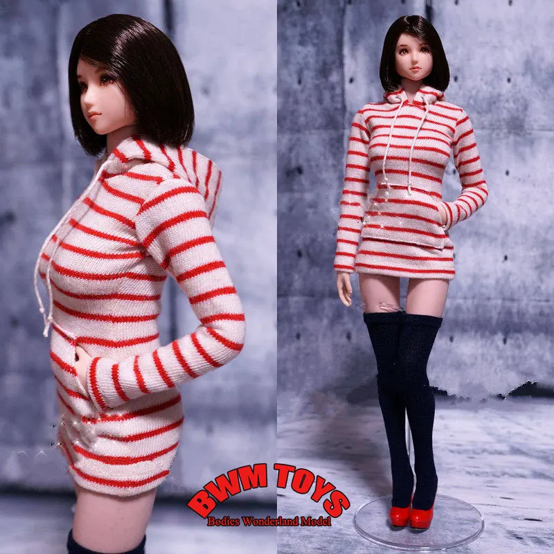 

In Stock 1/6 Scale Female Soldier Casual Hooded Striped Long Sleeve Pullover Black Knee Socks For 12inch PH Action Figure Doll