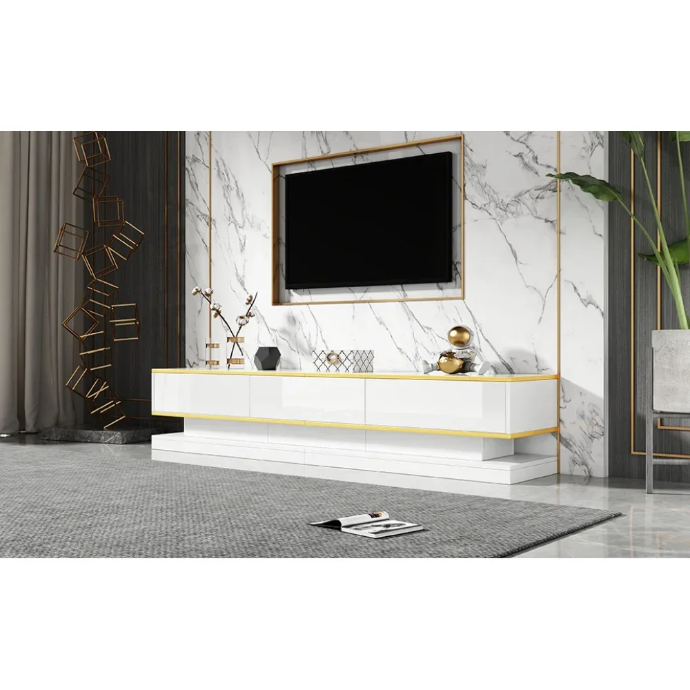 Moderner TV-Ständer mit 3 Schubladen, warmweißes Lowboard, goldener Rand, Wohnzimmer-Aufbewahrungsschrank – Detail 10