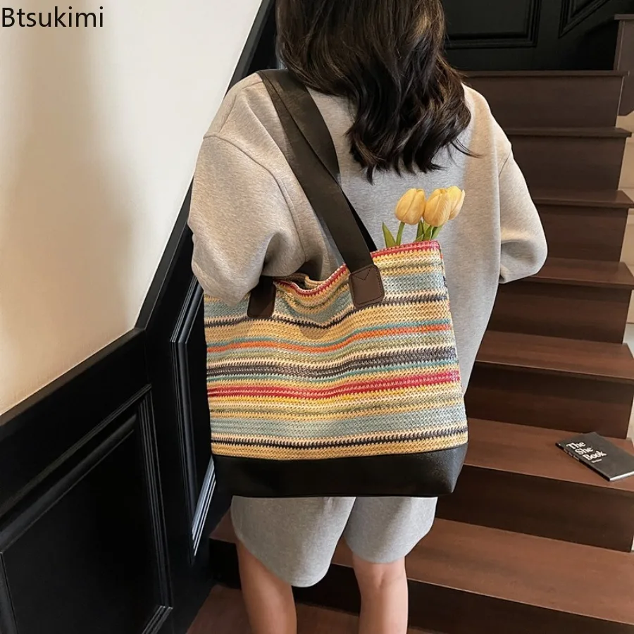 2026 Women Colorful Stripes Woven Tote Shoulder Bag Summer Fashion Sweet Woven Handbag  Lightweight Large Capacity Beach Bags