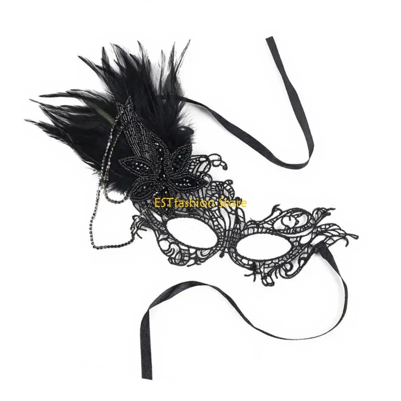 

Y5GC Black Lace Mask Rhinestones Embellished Elegant Halloween Party Accessory