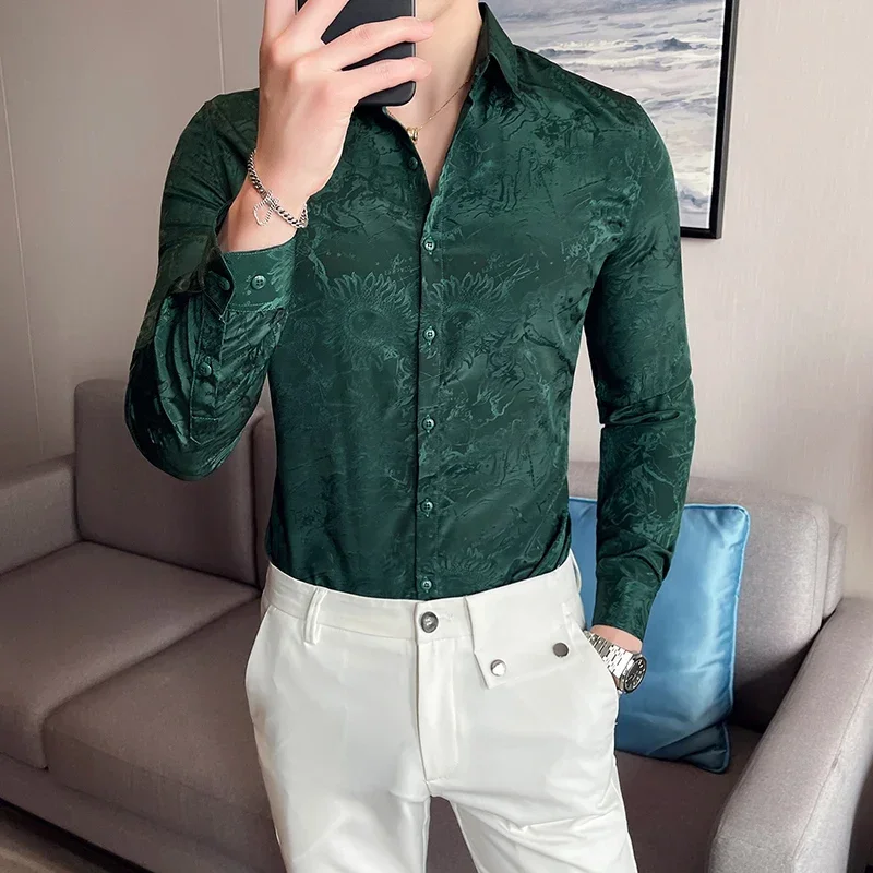 

2023 Mens High Quality Stripe Slim Fit Long Sleeve Shirts/Male Fashion Business Casual Dress Shirt Green Black Lapel Shirts