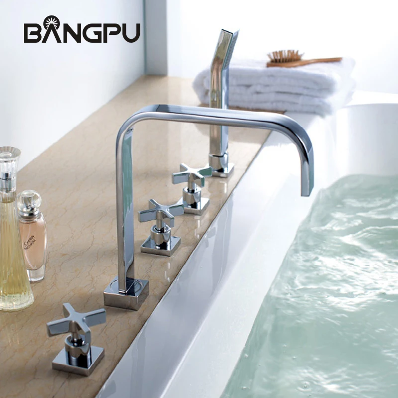 

Modern Bathroom Tub Faucet with Sprayer Deck Mount 5 Hole Bathtub Faucet Combo Set Roman Tub Faucet with Handheld Shower Chrome