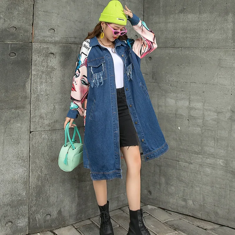 

Spring Autumn Women's Denim Jacket Streetwear Windbreaker Long Coats Vintage Harajuku Y2k Tops Jackets Hip Hop