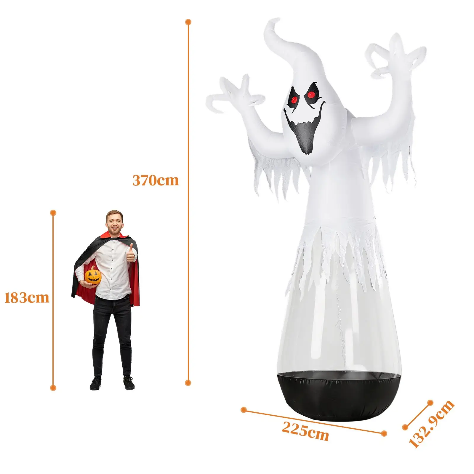 12ft Inflatable Halloween Decor Half-Body Clear PVC White Ghost with 2 LED Lights & 1 Stage Light, Black & White, 12V 2000mA