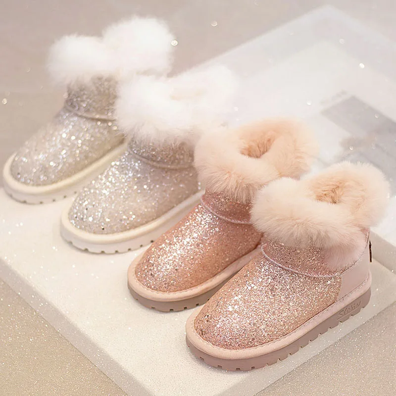 Winter Plush Boots For Children 2024 Trend Fashion Glitter Snow Boots For Teenager Girls Anti-slippery Thick Warm Cotton Shoes