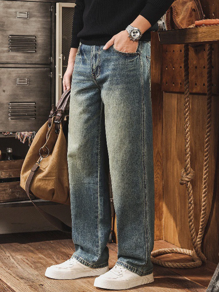 Men's Vintage Washed Distressed Straight Jeans Wide Leg Denim Trousers Casual Streetwear Classic Blue Long Pants for Men N1003