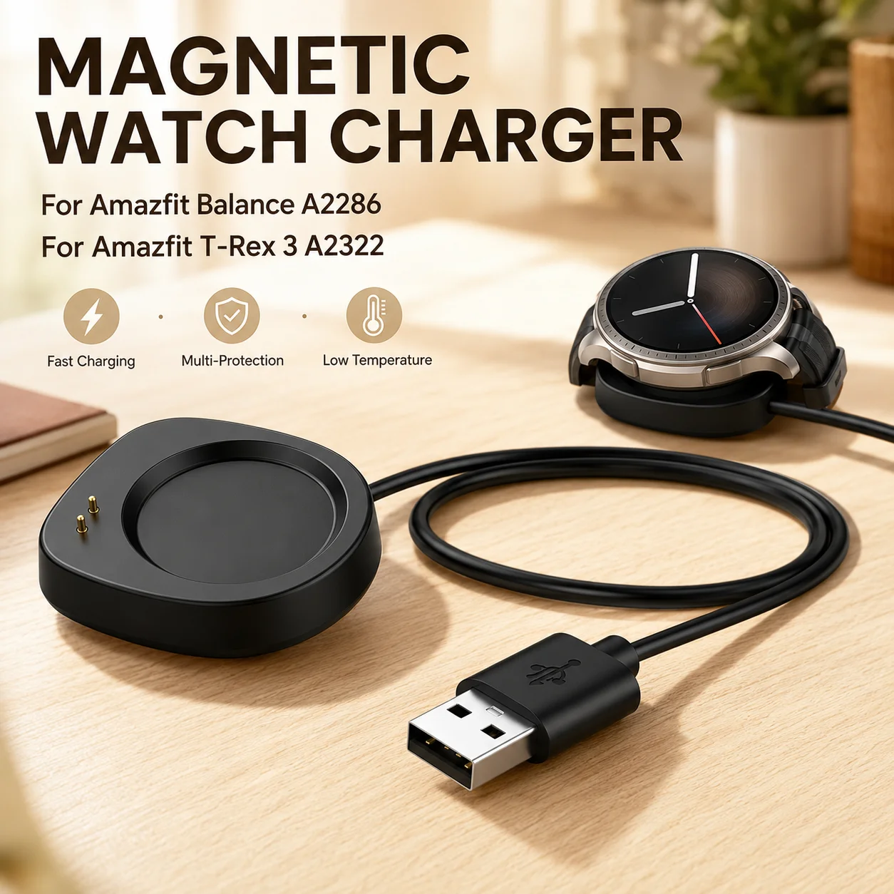 Magnetic Charging Adapter for Amazfit T-Rex 3 A2322 Amazfit Balance A2286 Smartwatch Charger Dock 5V 1000mA Replacement Charger