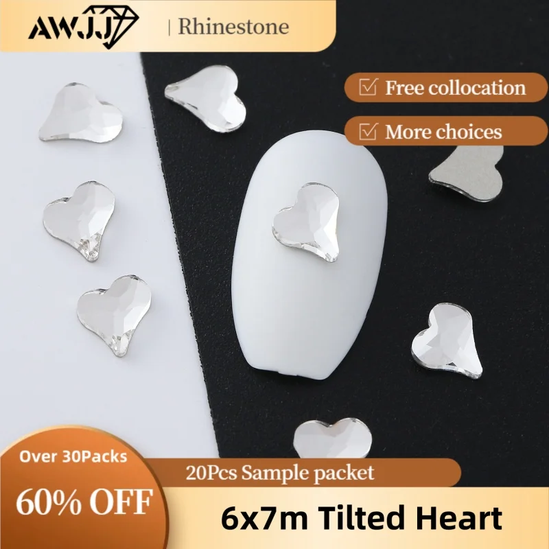 20pcs/pack 6x7mm Tilted Heart-Shaped Nail Drill Gems Designs Precision Cutting Flat bottom Self-Adhesive Nail Art Rhinestone