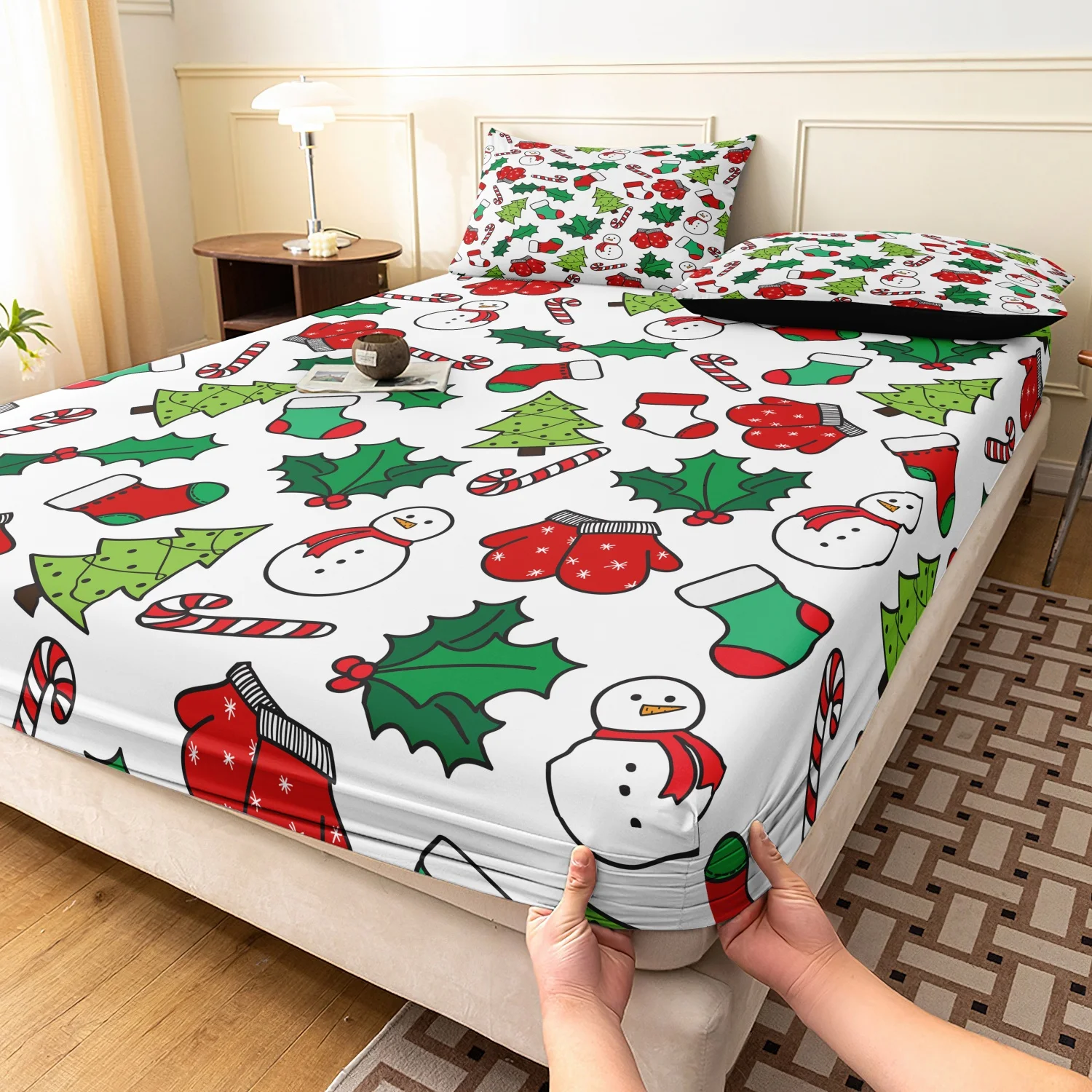 3 Pieces Christmas Element Print Fitted Sheet Set, Snowman Xmas Tree Holly Candy Cane Printed Bedding, Multiple Sizes Available