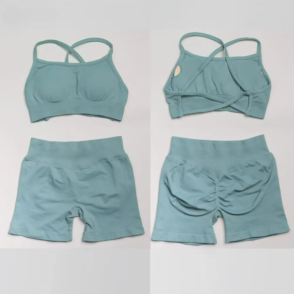 

Hot Selling Customized Seamless Sportswear Gym Fitness Yoga Set Crossed Back Sports Bra Short Set for Women