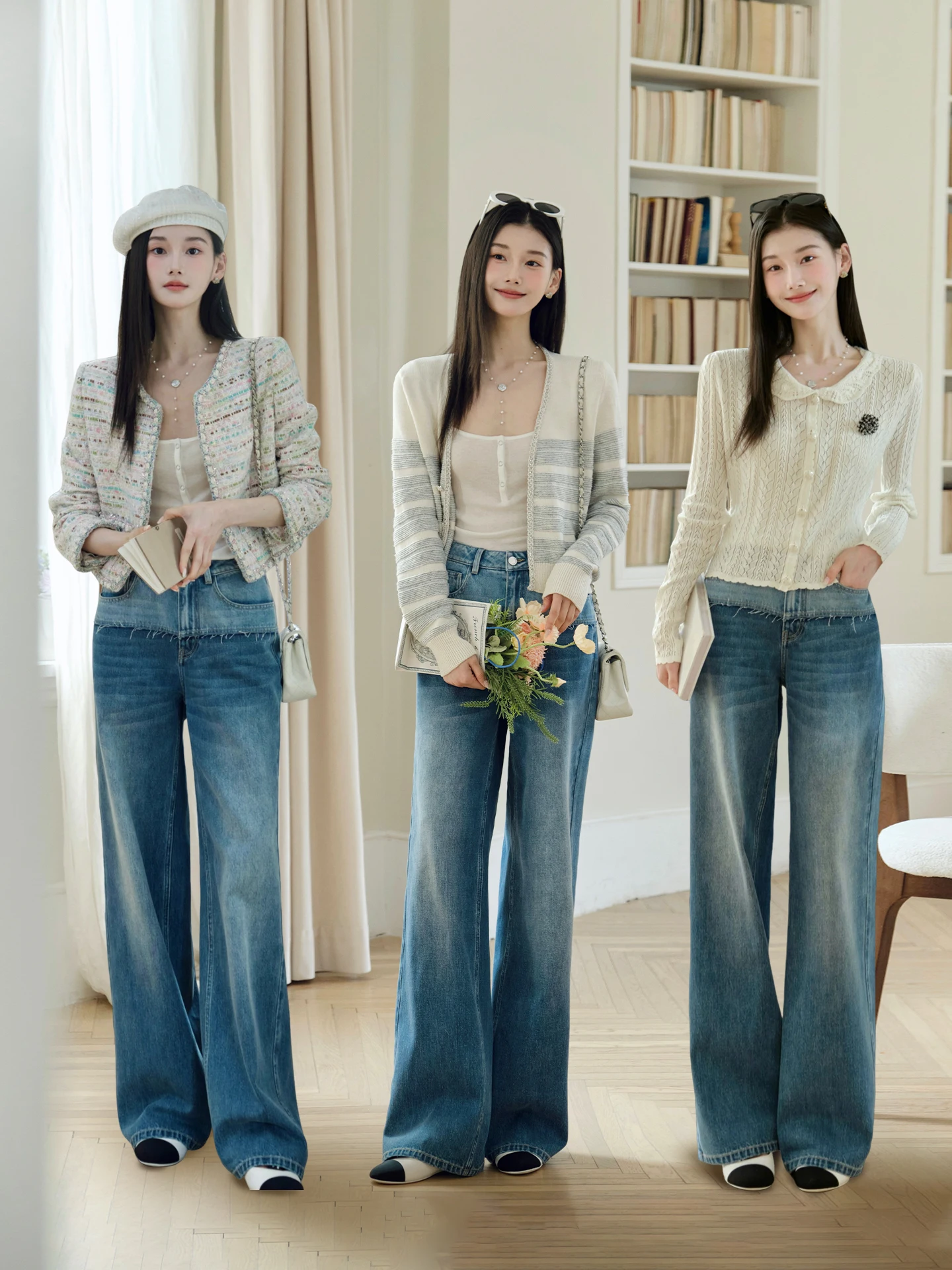 

ChillCozy High Waist Cotton Blend Denim Straight Leg Pants Women's Coastline Split Soft Fabric Button Closure Spring Season