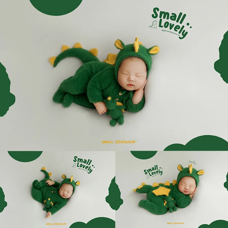 Newborn Dinosaur Clothes Baby Boy Photography Outfits Cute Knitted Green Dragon Jumpsuit Doll Studio 0-1 Month Infant Photo Prop