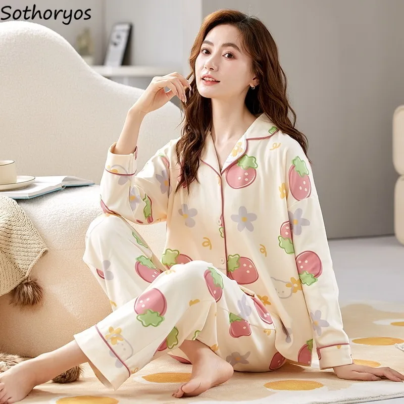 Turn-down Collar Pajama Sets Women Slouchy Chic Homewear Young Trendy Classic Popular Autumn Outfits Printed Nightwear Ulzzang