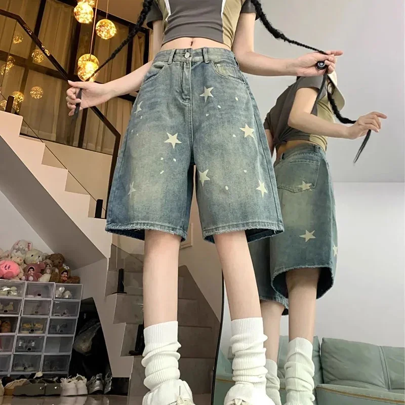 Star Pattern Streetwear Five-Point Pants Women Korean High Waist Wash Denim Shorts Woman 2026 Summer Wide Lge Knee Length Jeans