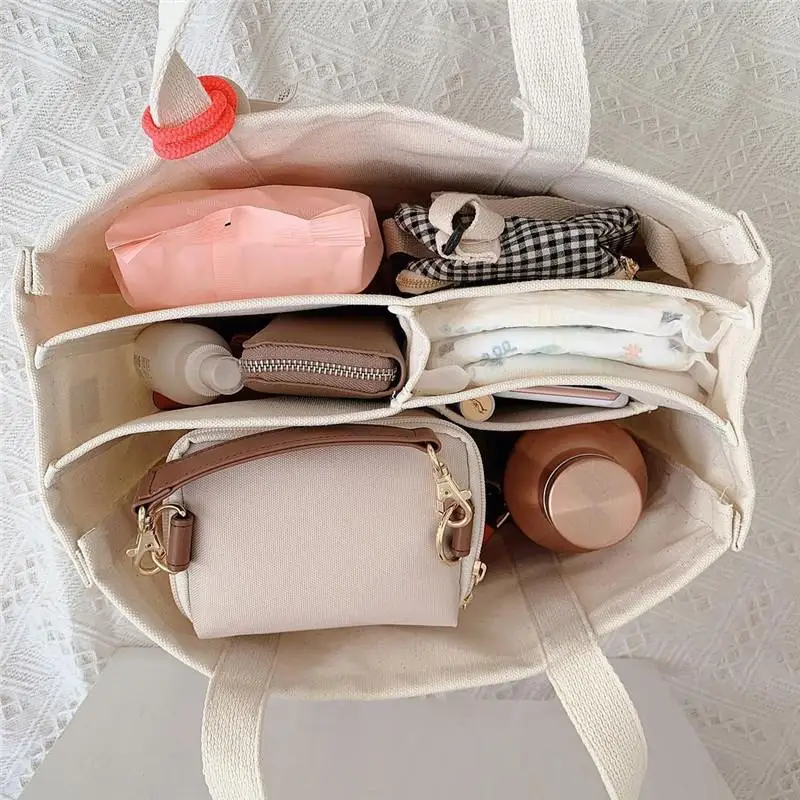 Trendy Multi-pocket Divider Canvas Tote Bag All-match Solid Color Shoulder Bag Perfect Casual Crossbody Bag For Commuting