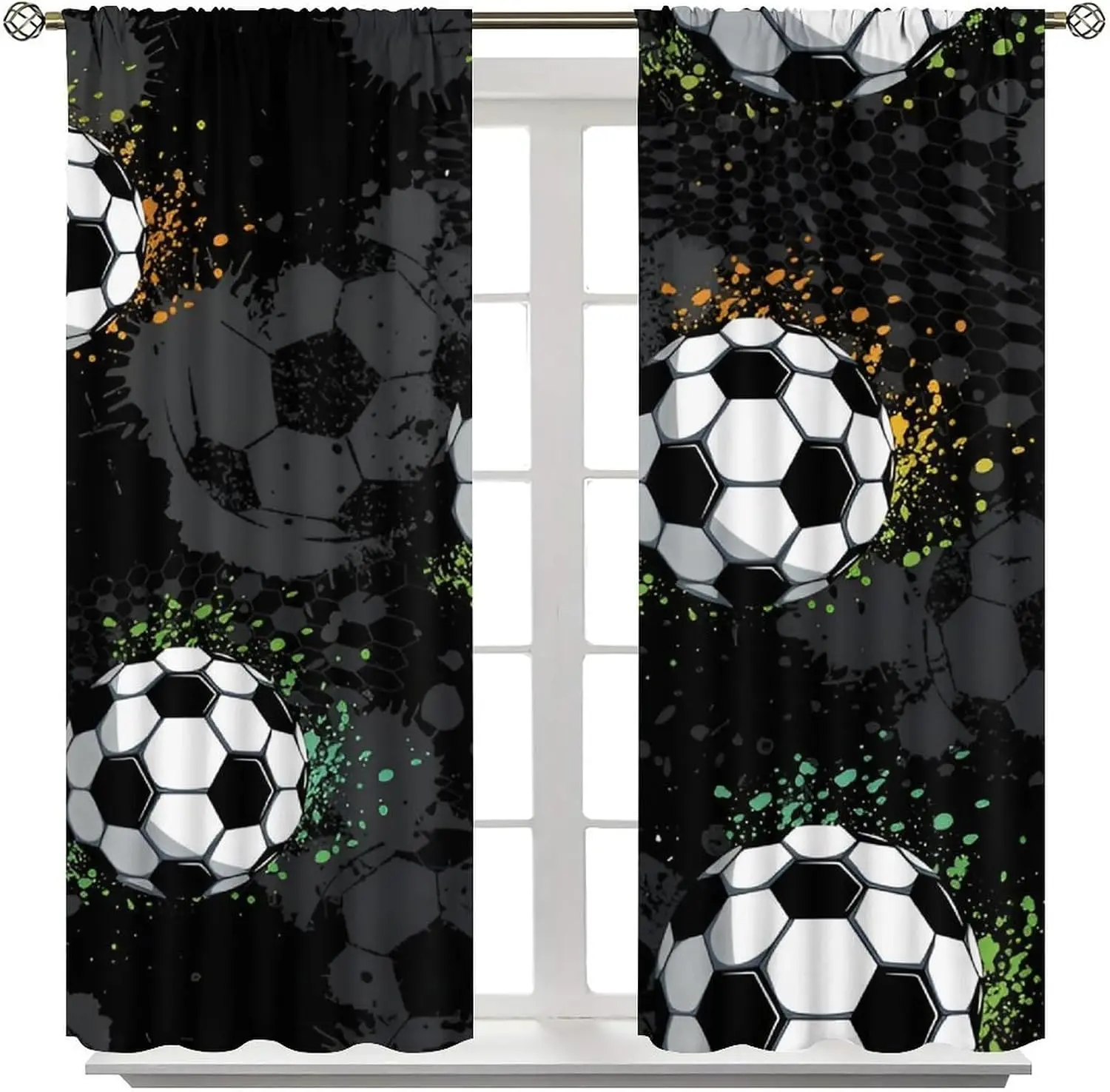 Dynamic Ink Splatter Soccer Theme Curtain 2 Panels Dark Base Color Dot Teen Dorm Print Window Curtain Sport Masculine Home Decor