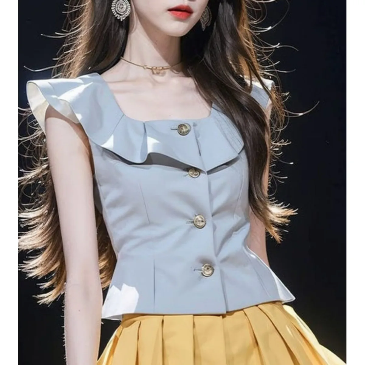 Ele bleu femmes haut ceinturé taille ort Sve col carré Faionable trajet Sle Unique luxe sensation été irt