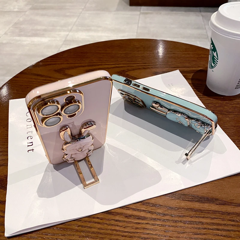 For iPhone 14 Pro Cute Case 3D Bunny Rabbit Stand Bracket Holder Phone Cases for iPhone 7 8 14 Plus 11 12 13 14 Pro Max X Xr Xs