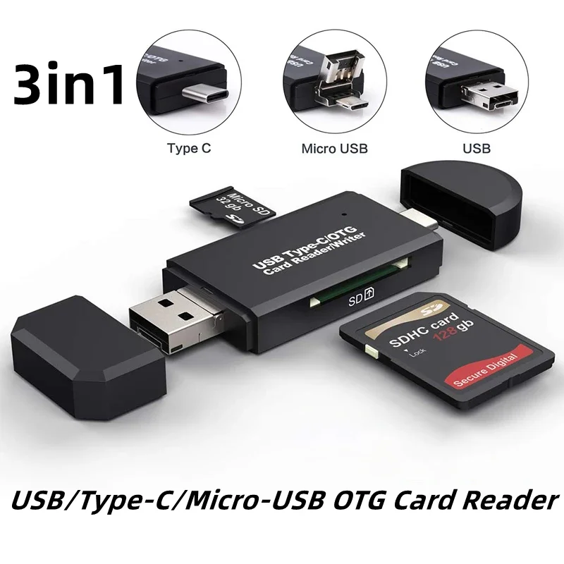 

USB C Micro-USB Card Reader 3 in 1 USB 2.0 TF/SD Memory Card Reader Type-C OTG Flash Drive Adapter for PC Camera Data Transfer