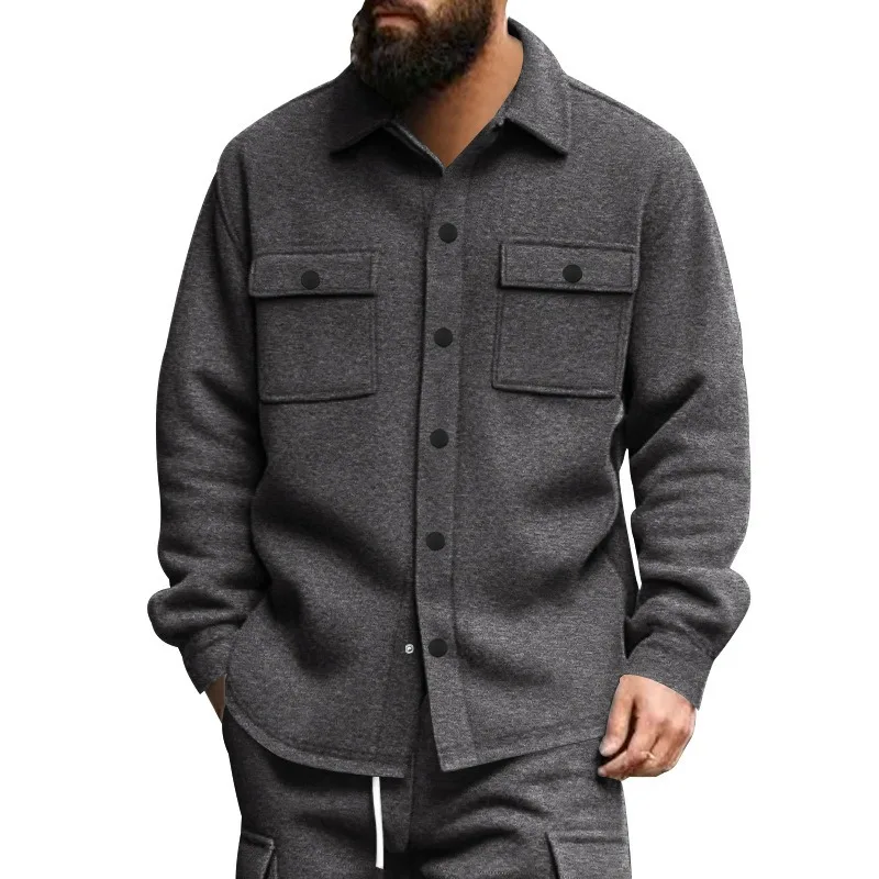 Men Lapel Workwear Shirt Jacket Multi Pocket Solid Color Loose Breathable Long Sleeve Coat For Spring Autumn