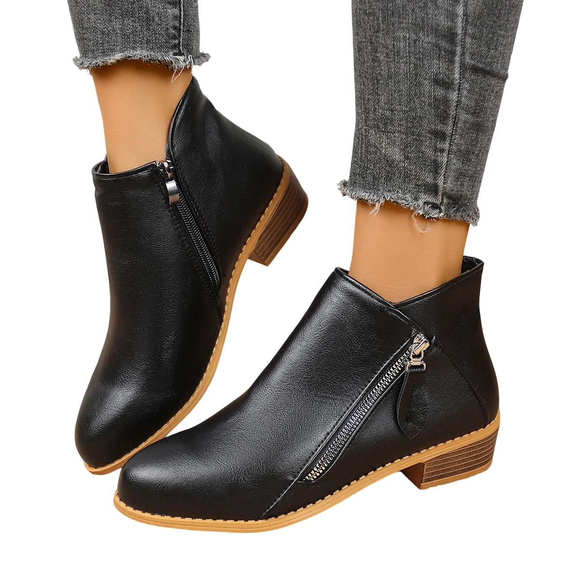 المرأة الخريف الشتاء الجوارب الجديدة عادية منخفضة الكعب الخامس قطع الجوارب القصيرة موضة كعب سميك مزدوجة الجانب السوستة تصميم أحذية بولي PU #3