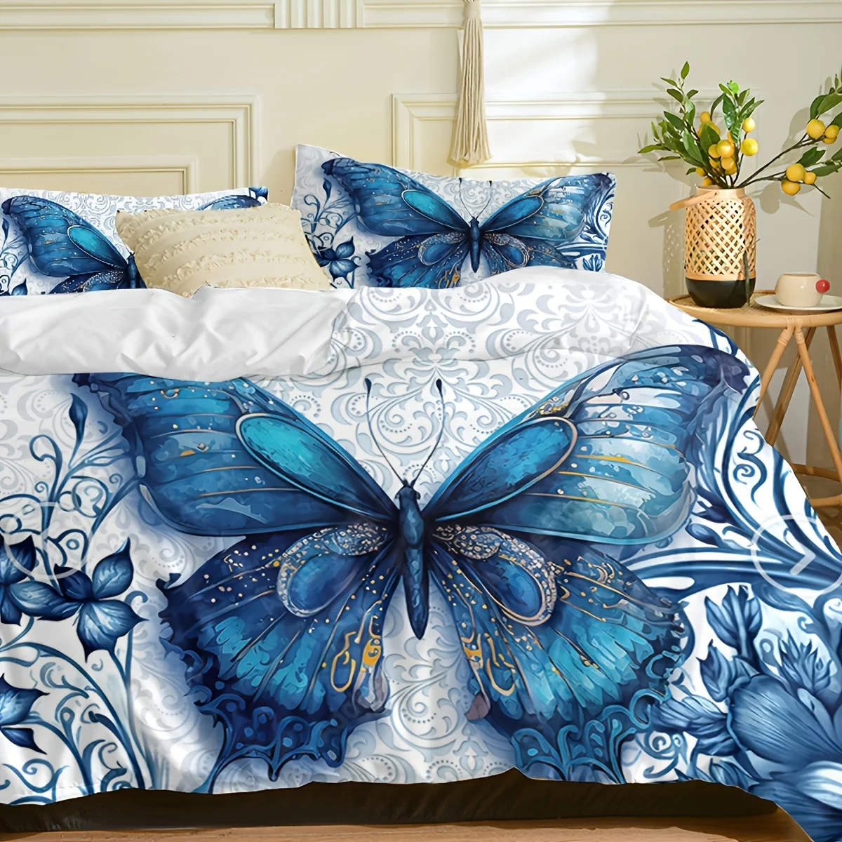 

[] 3 pieces of duvet cover three-piece set (1 duvet cover +2 pillowcases)huge blue fantasy butterfly elf mysterious blue flower