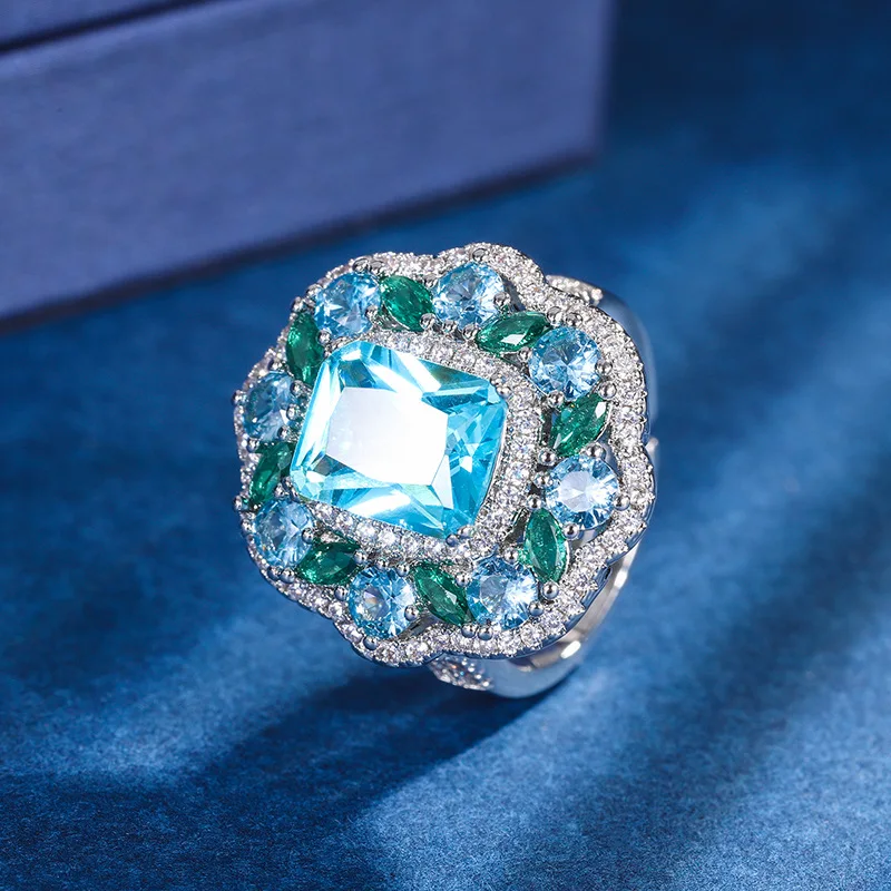 مجوهرات مطلية بالذهب توباز بدلة زرقاء عتيقة نمط إبداعي كامل الماس فاخر مطعمة الحجر الرئيسي 8*12 #3