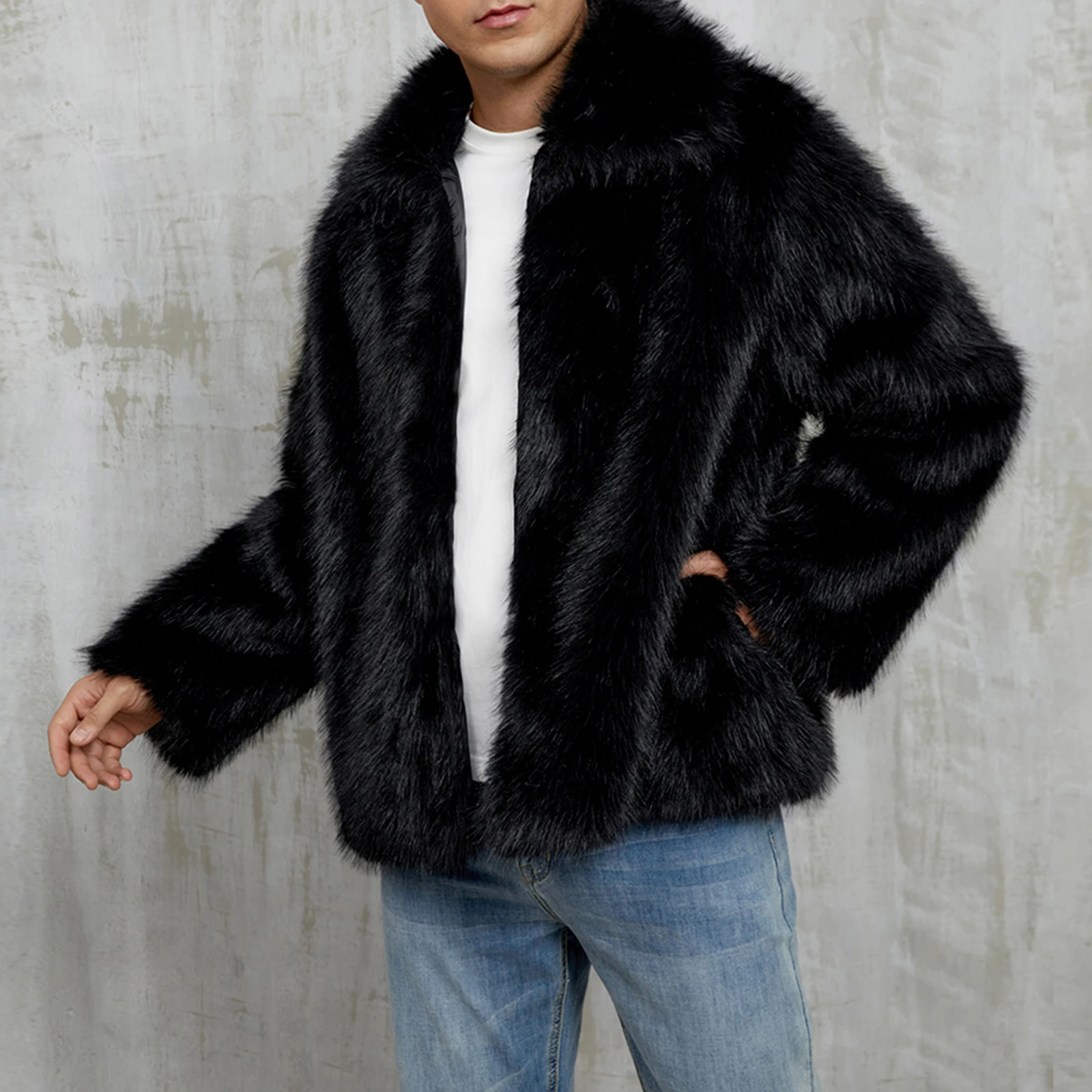 

Winter Jacket Men Faux Fur Coat Loose Solid Lapel Neck Long Sleeve Open Front Warm Furry