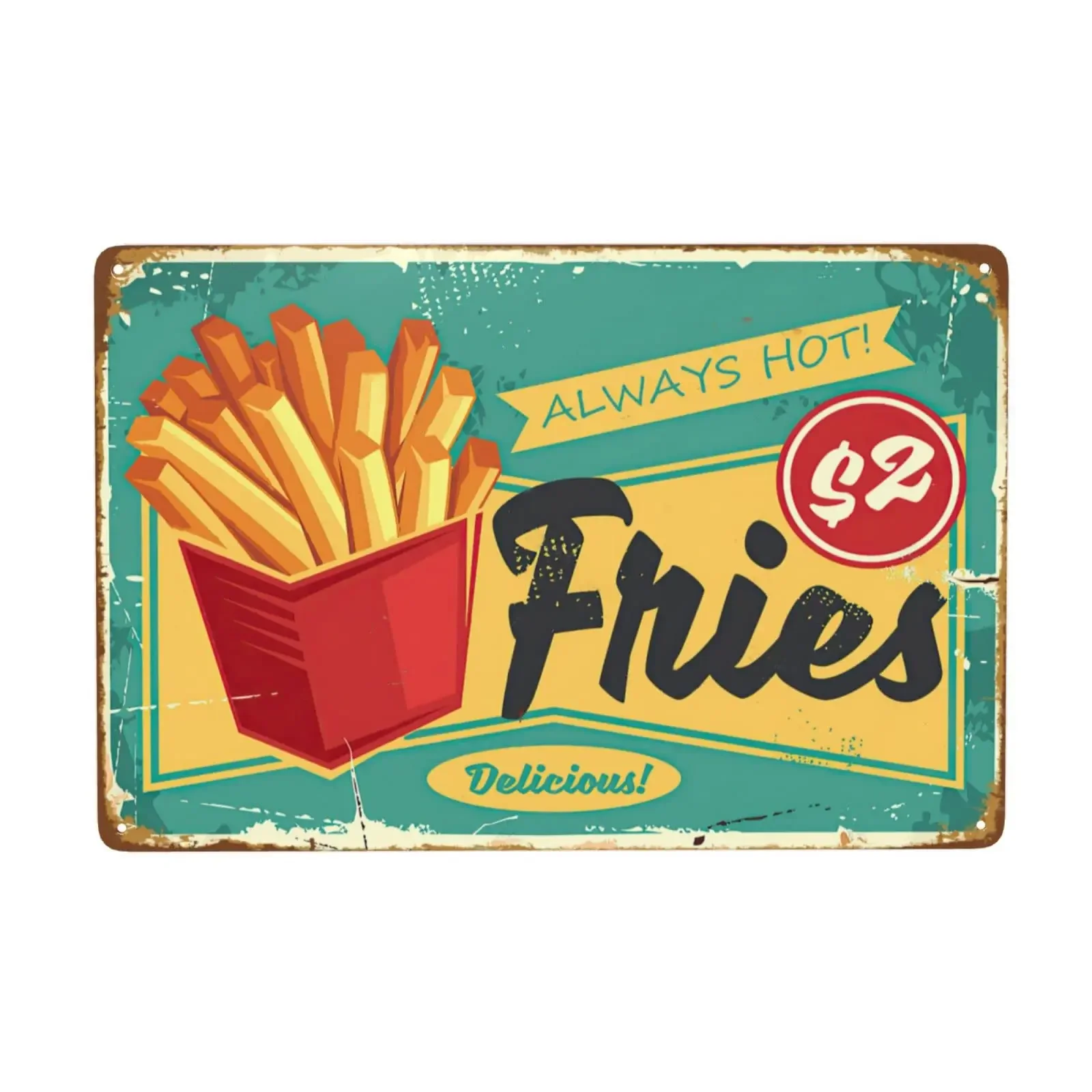 Retro Distressed Tin Sign Delicious Fries Poster, Vintage Fast Food Restaurant Kitchen Wall Hanging Decoration