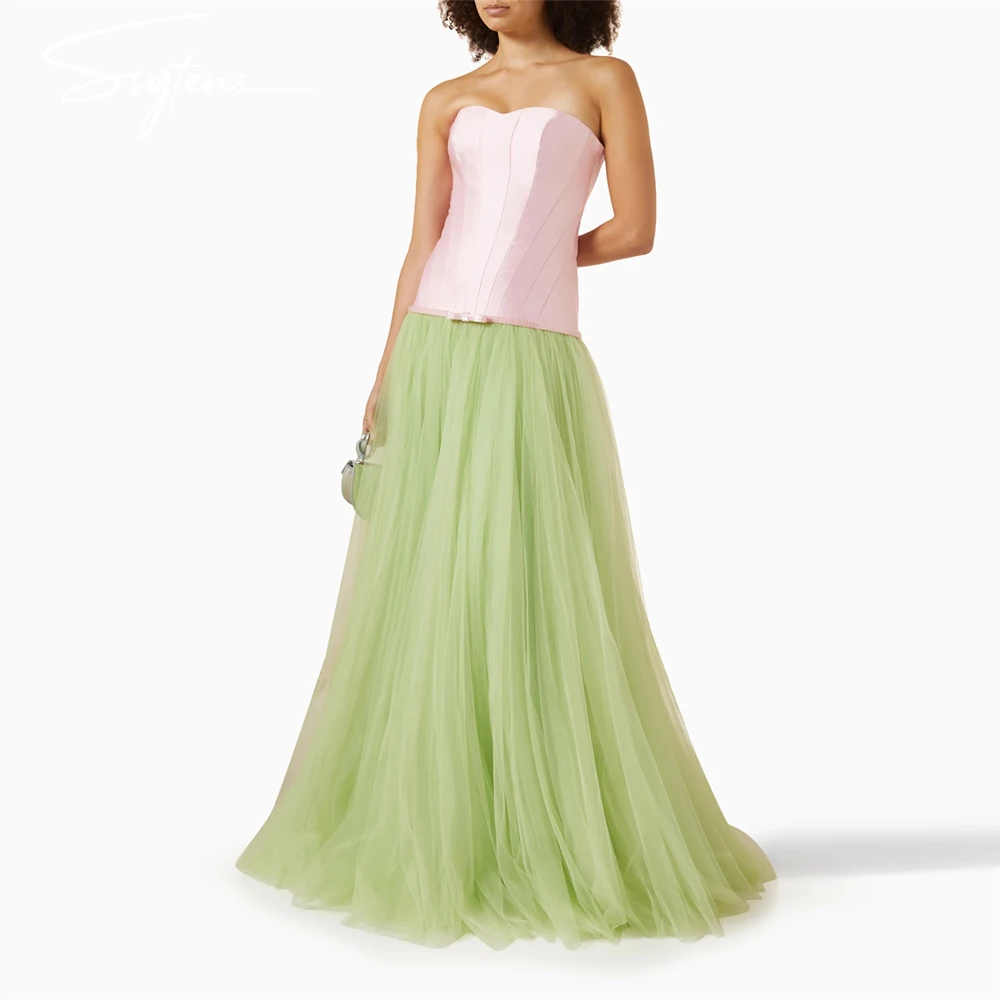 

Pink/Light Grass Green Satin Long Strapless Evening Dress Formal Party Gowns Sleeveless Women 2024 Chic Tulle Prom Dress Vestido