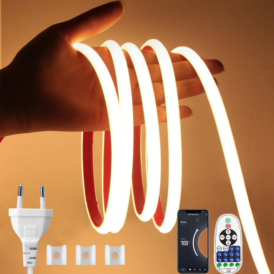 High Brightness Smart LED 220V Waterproof Flexible Ribbon Tape LED Strip Light 220v for Bedroom Kitchen Outdoor Lighting EU Plug