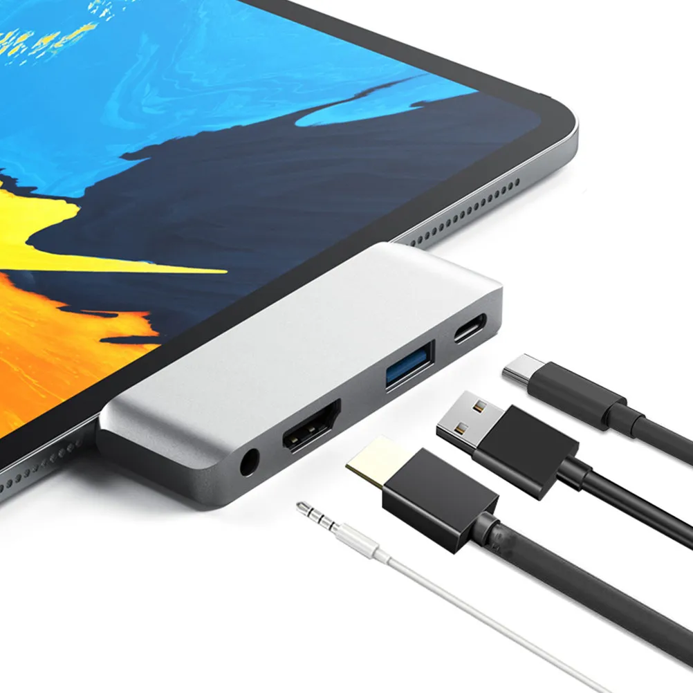USB C Hub Adapter Silver Type-C Pd Charging 4K Display USB 3.0 3.5mm Headphone Laptop Dock Hub Adapter Pd Charging