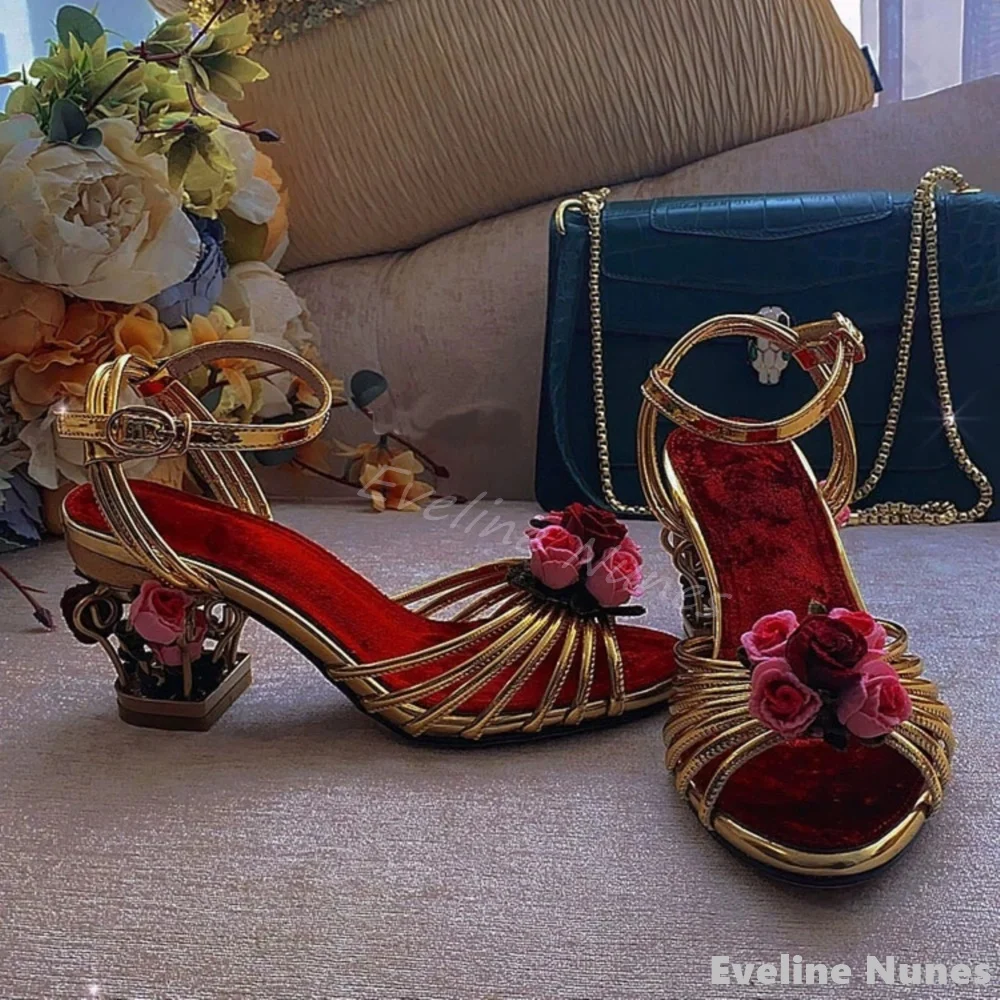 

Floral Hollow Metal Heel Luxury Sandals Women Round Toe Shallow Ankle Strap Gold Sandals 2025 Summer New Fashion Party High Heel