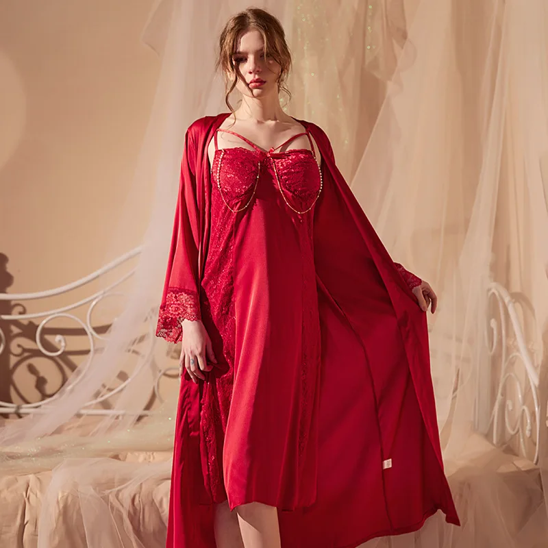 Peignoir de mariage élégant pour femme, ensemble de robe twinset, chemise de nuit sexy en dentelle, chemise de nuit, robe longue, kimono, vêtements de détente, zones edress