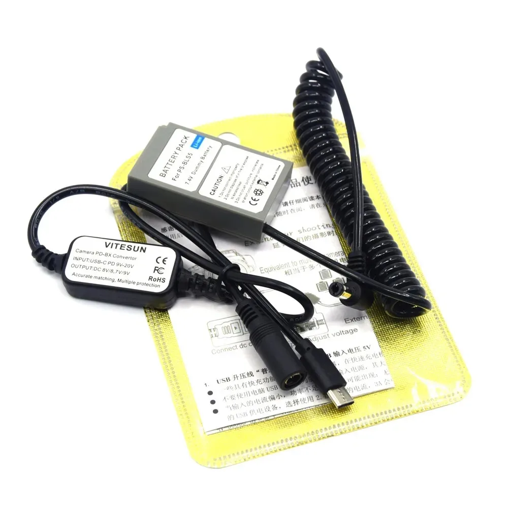 PS-BLS5 Dummy Battery BLS-5 Spring Male Head DC Coupler+Type-C PD Adapter Cable For Olympus E-M10 Mark II III E-PM2 E-PL5 E-PL7