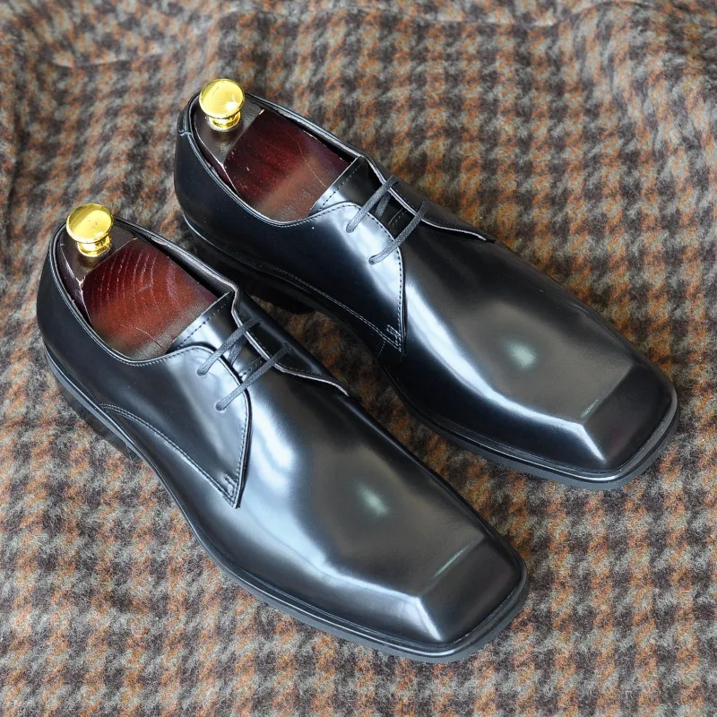 Luxury Wedding Black Cowhide Men's Business Square Toe Leather Shoes Male Retro Thick Soled Derby Trendy Commuting Dress Shoes