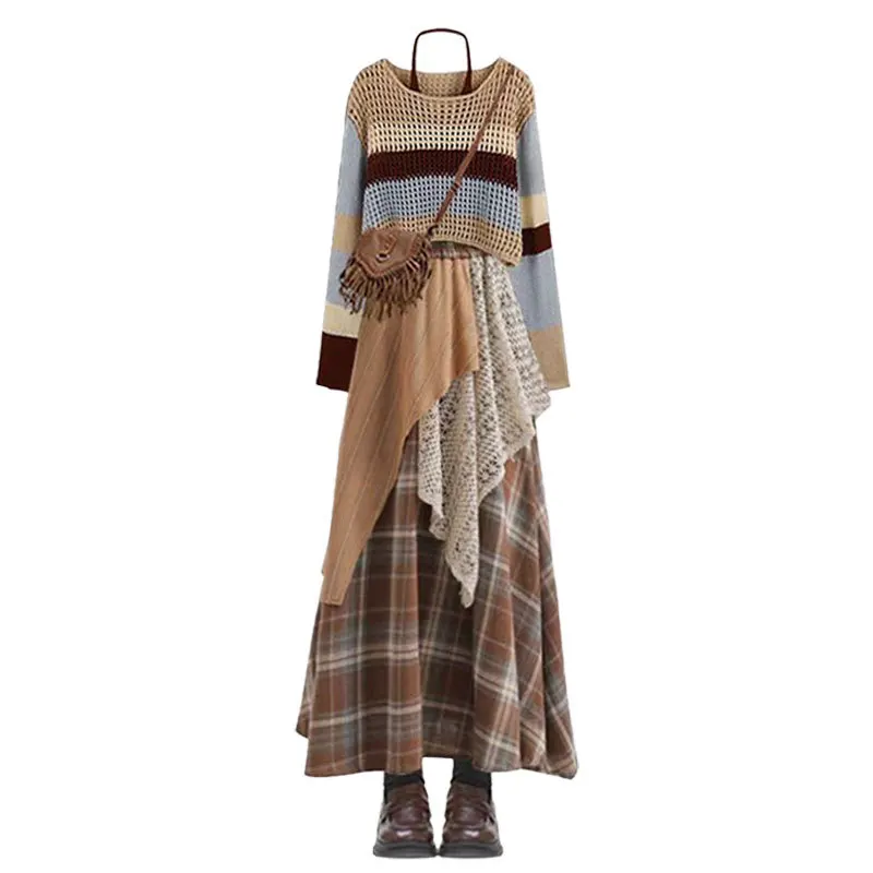Knitted Top Casual Skirt Women's Set Spring and Autumn High-end Temperament Plaid Dress Two-piece Set image 6