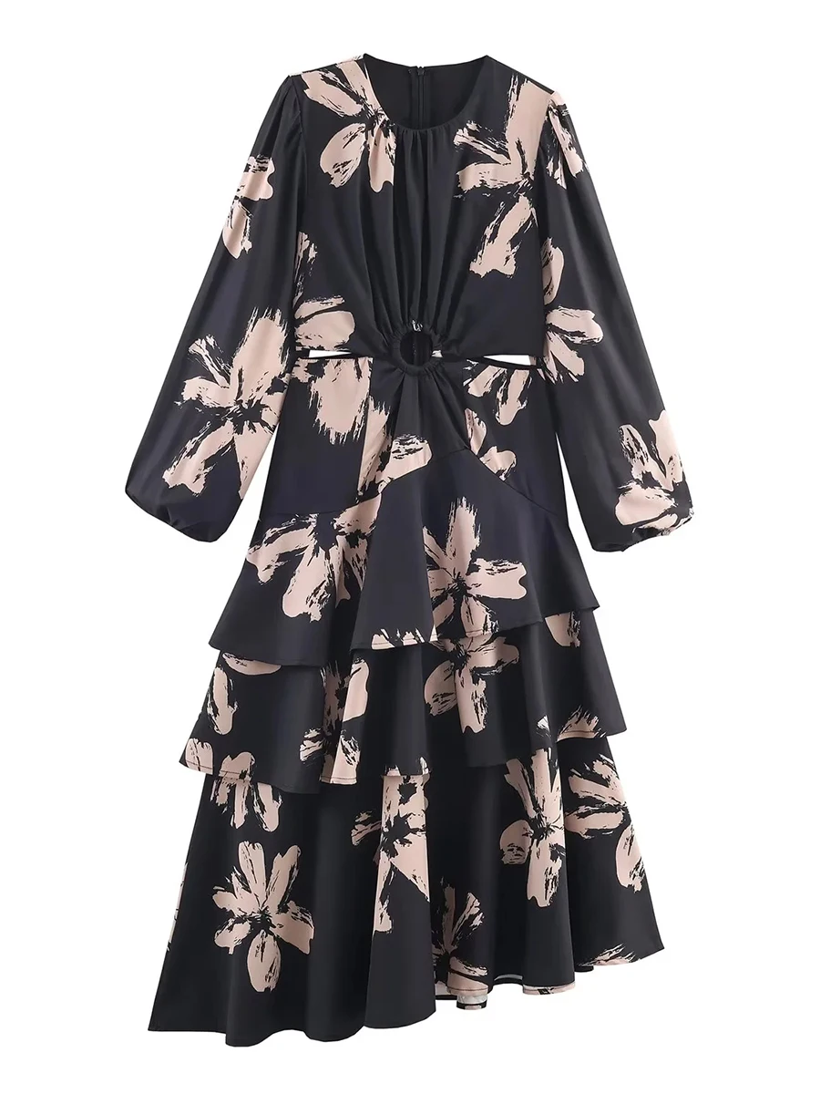 Vestidos Midi Femininos com Estampa Floral Sofisticada VGH, Design com Recorte na Cintura e Barra em Camadas para Reuniões Casuais de Negócios