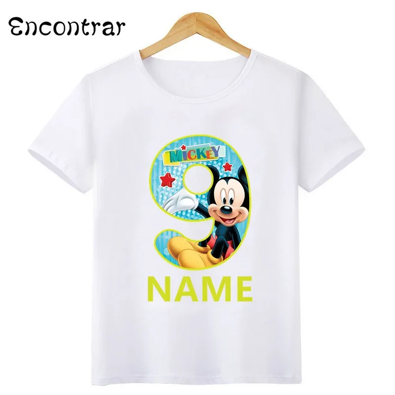 Disney-Mickey Mouse Number Bow Graphic T-shirt, roupas infantis, 1, 2, 3, 4, 5, 6, 7, 8, 9 Years Birthday Party Tops