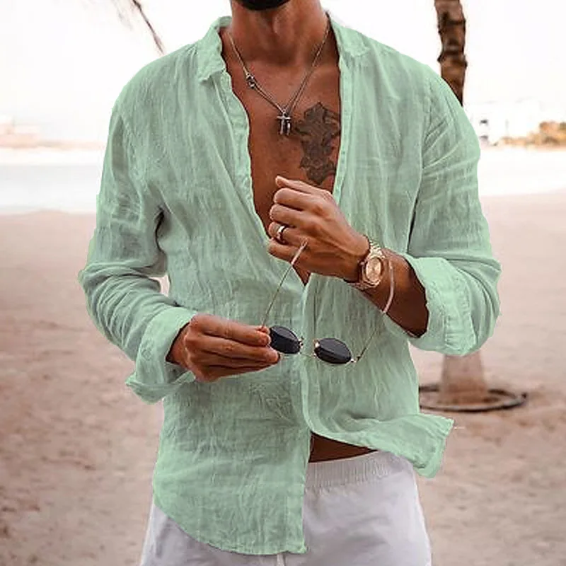 2026 Men's Cotton Linen Shirts Top Simple Laple Solid Man Shirts Tops Comfortable Loose Casual Holiday Shirts for Men Blouses