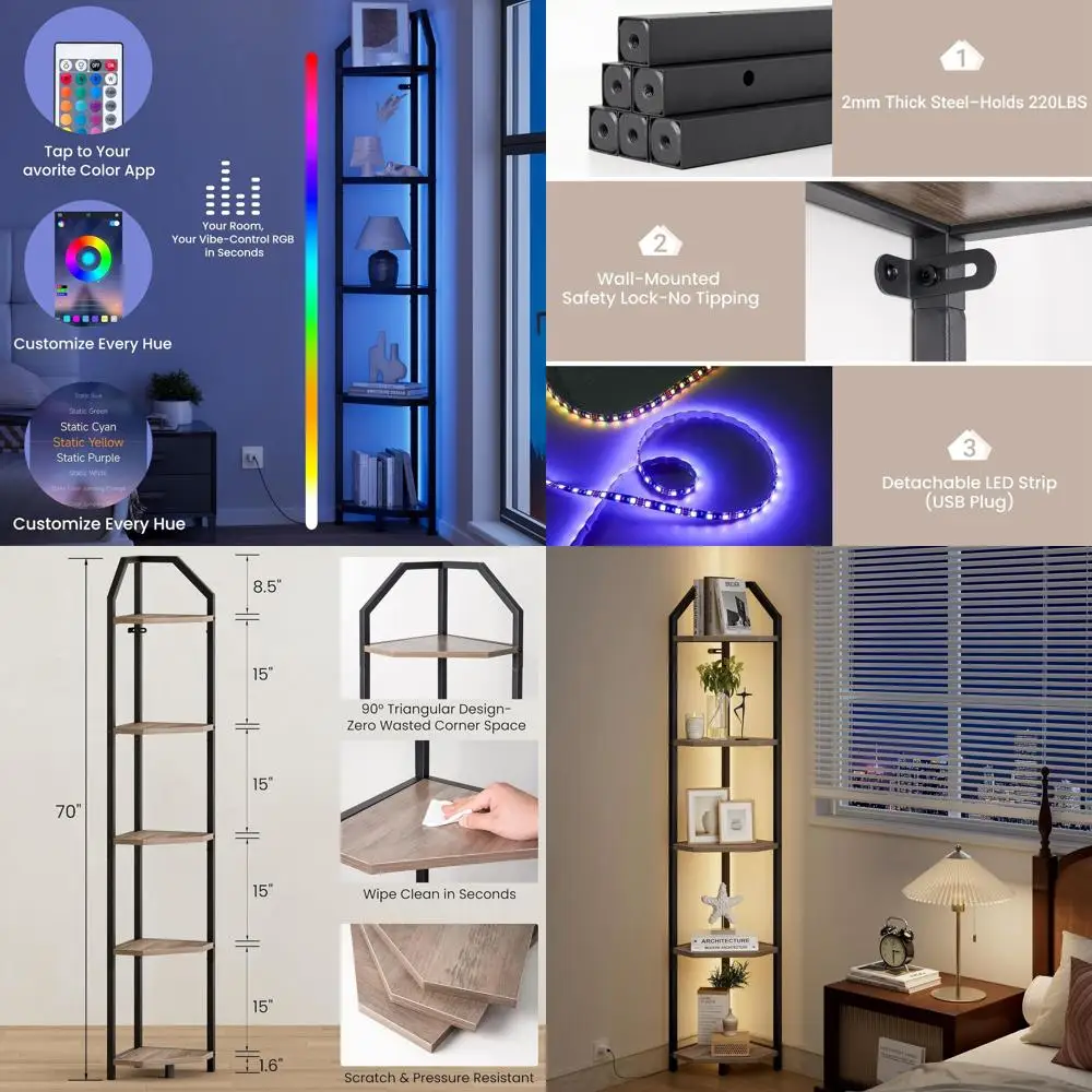 

70 LED-lit 5-Tier Bookshelf for Compact Spaces: Modern Wood & Metal Storage for Home or Office