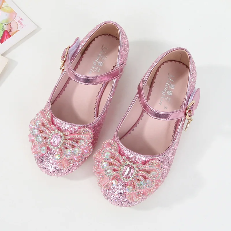 2024 New Children Leather Shoes For Girls High Heels Sequin Princess Bow Kids Dance Shoes Attend A Evening Party Shoes