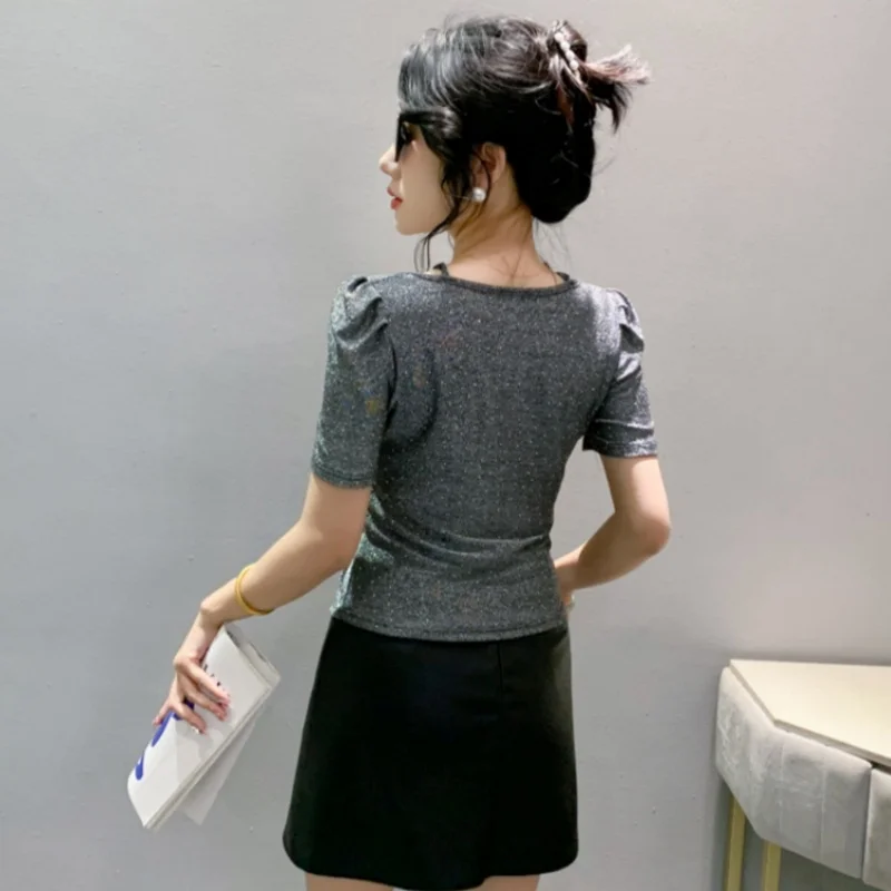 New Arrivals Women's V-Neck Diamond Slim Fit Fashion T-Shirt Summer Puff Short Sleeve Folded Split Top Ladies Korean-Style Tees