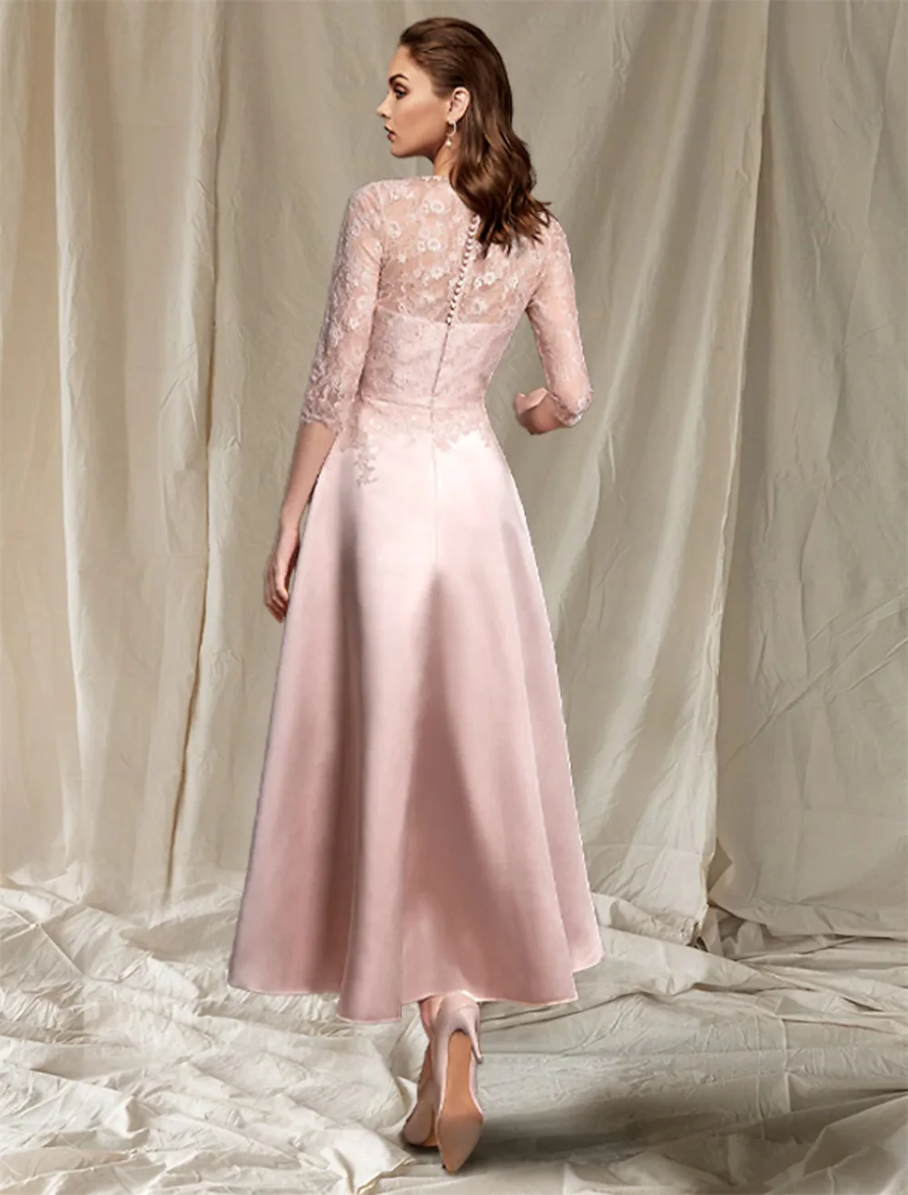 Mother of the Bride Dress Elegant Jewel Neck Tea Length Lace Satin Half Sleeve with Pleats vestidos para bodas mujer invitada