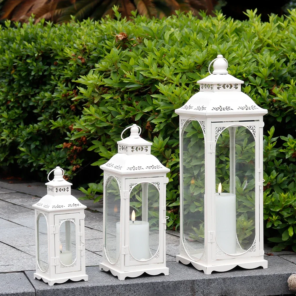 Set of 3 White Vintage Candle Lanterns 10/14/19.5''H Decorative Outdoor Lantern Metal Candle Holder with Tempered Glass