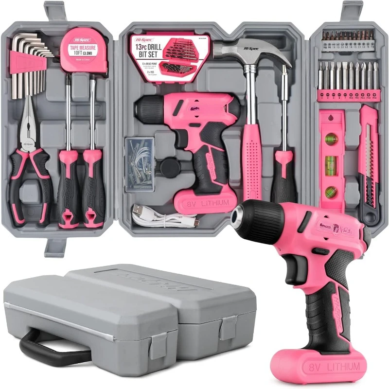 

Drill Set 58pc Pink Tool Set 8V USB Electric Drill Driver & Household Tool Kit. DIY Cordless Power Screwdriver