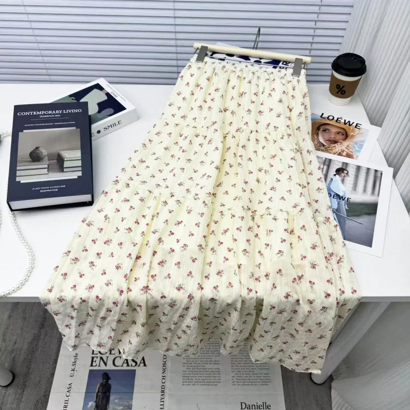 Real Shot 2025 New Wrinkle Plaid Floral Skirt Skirt Women's Summer High Waist Show Thin Black Dress Long Dress Skirt