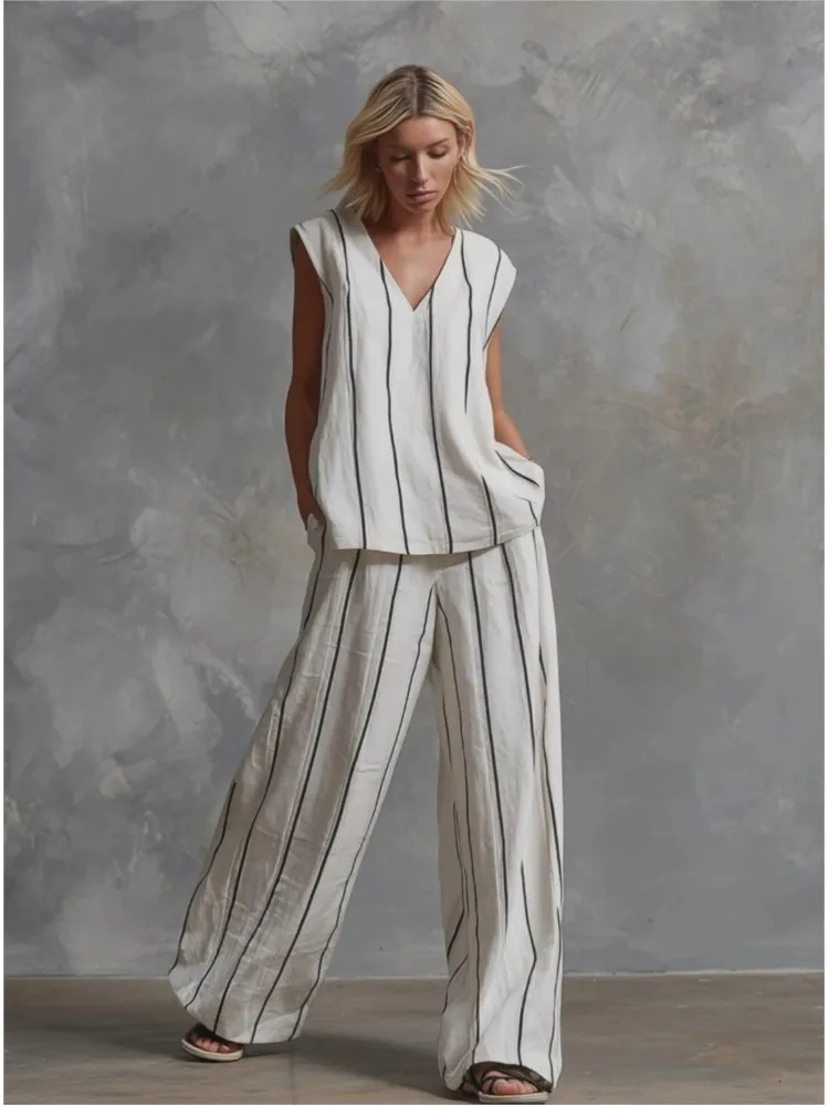 

New Women Fashion Striped Printed V Neck Sleeveless Loose Vest + Pants Two Piece Set Summer Casual Set Woman Holiday Party Suit